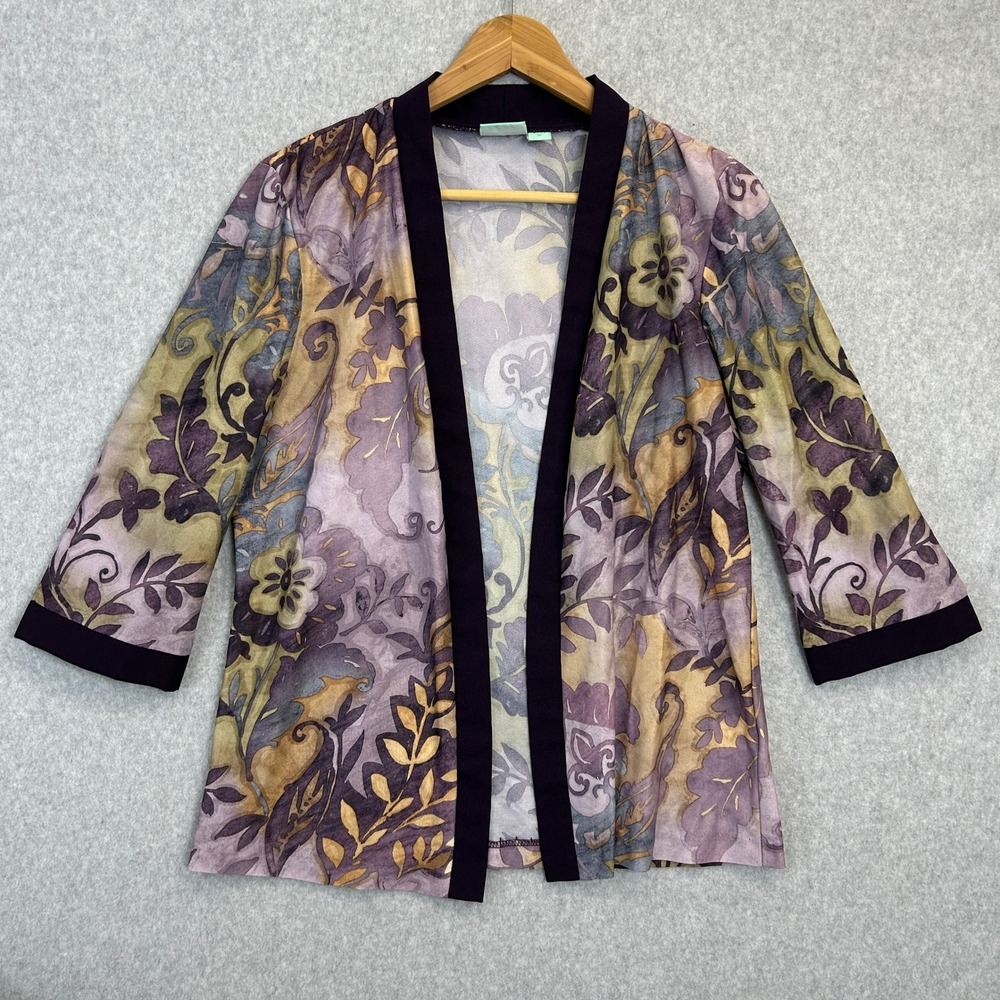 Sara Morgan Open Front Cardigan Shrug Purple Floral Lagenlook Artsy Autumn Sz M